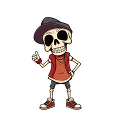 a skull emoji wearing a hat, a red shirt, and red shoes.