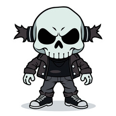 a skull emoji wearing a leather jacket, jeans, and sneakers.