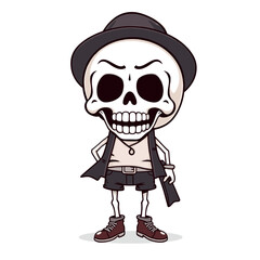 a skull emoji wearing a hat, scarf, and leather shoes, with a mischievous expression on its face.