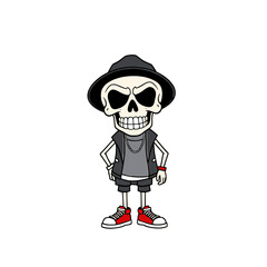 a skull emoji wearing a hat, a vest, and red sneakers.