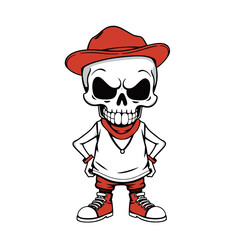 a skull wearing a red hat, a white shirt, red pants, and red shoes.
