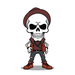 a skull emoji wearing a hat, vest, and boots.