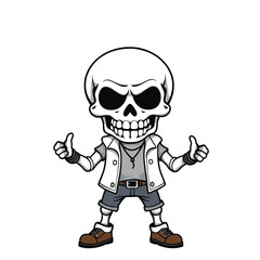 a skull emoji character wearing a white jacket, gray shirt, and brown shoes.