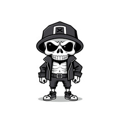 a skull emoji wearing a hat with an x on it, a leather jacket, and sneakers.