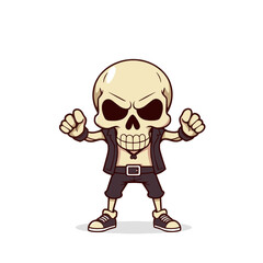 a skull emoji wearing a leather jacket, black pants, and sneakers, with a menacing expression and arms raised.