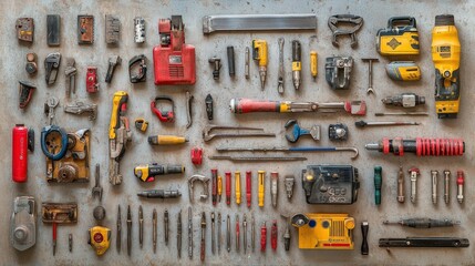 power drills, saws, and other home improvement tools arranged on a workbench