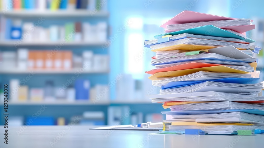Poster a colorful stack of organized papers is placed on a table, with a blurred background of shelves fill