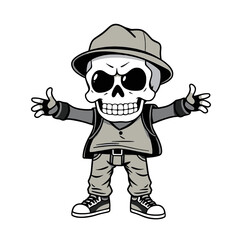 a skull emoji wearing a hat, sunglasses, and a backpack, with arms outstretched.