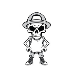 A skull wearing a baseball cap, t-shirt, and sneakers, with a menacing expression on its face.