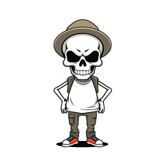 a skull emoji wearing a hat, backpack, and sneakers, with a stern expression on its face.