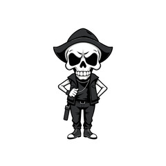 a skull wearing a hat, vest, and leather jacket, with a stern expression and a cigarette in its mouth.