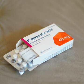 Closeup Propranolol WZF medicine in pills near the box
