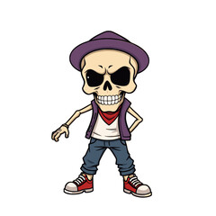 a skull emoji wearing a purple hat, a red bandana, and red and white sneakers.