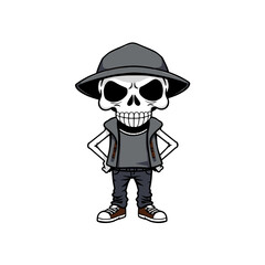 a skull wearing a hat, vest, and sneakers, with a menacing expression.