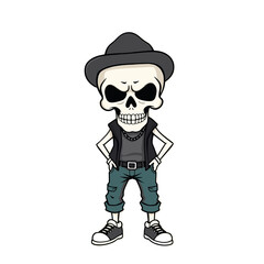 a skull emoji wearing a hat, a black shirt, and green pants.