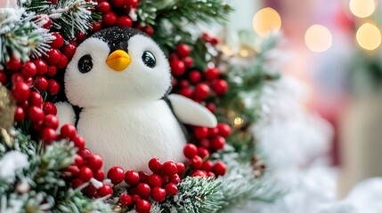 Obraz premium Penguin plush peeking out of Christmas wreath bright red berries