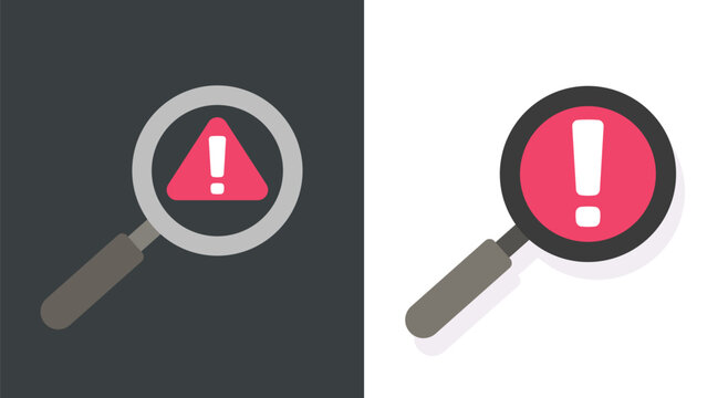 Magnifier glass identify scam alert caution icon vector graphic set, flat cartoon data attention warning exclamation sign symbol, error risk failure breach analysis search, web security safety loupe
