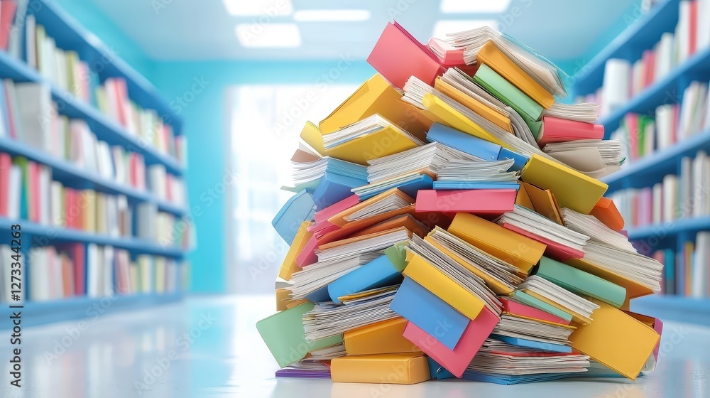 Poster a colorful stack of books and notebooks is piled in a library, surrounded by shelves filled with mor