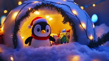 Penguin plush sitting inside decorated igloo Christmas lights glowing