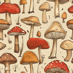 vintage mushroom pattern, vintage style illustration earth toned 