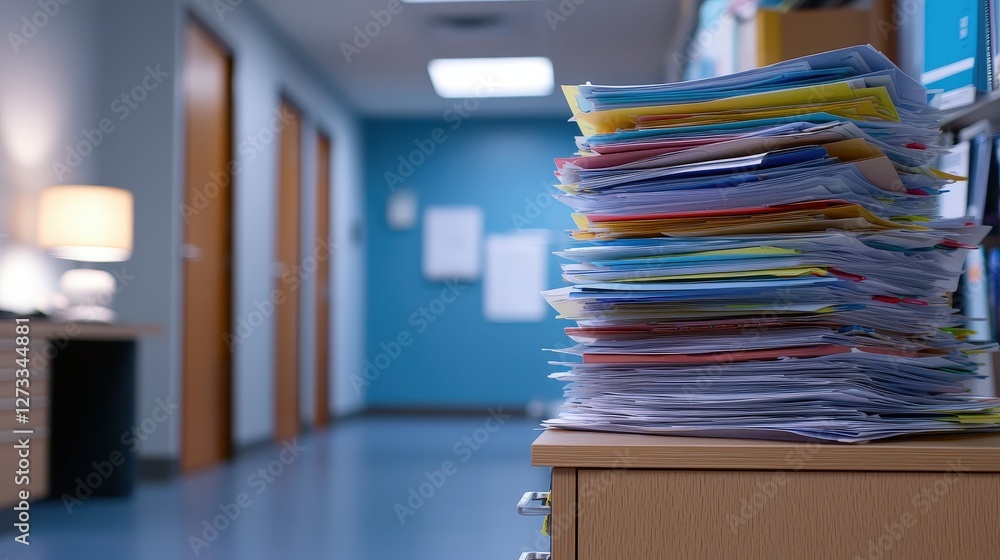 Poster a cluttered office scene featuring a stack of colorful files on a desk, with a hallway and doors in 