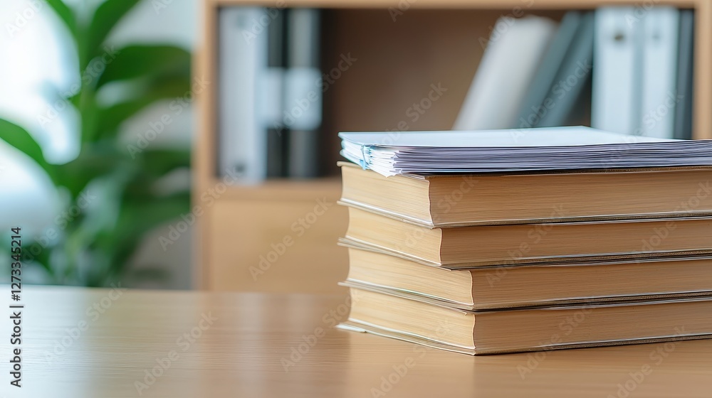Poster a stack of documents and books on a wooden table, with a blurred background featuring a plant and a 