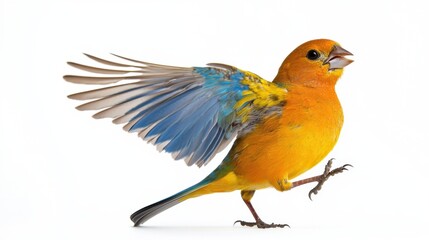 Canary joyfully flapping wings, vibrant feathers standing out against the pure white backdrop, movement frozen in time.