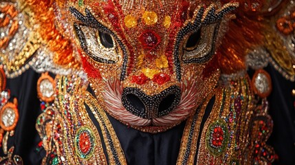 Chinese New Year lion costume adorned with intricate golden embroidery, bold red and orange hues, and sparkling sequins, showcasing cultural heritage and traditional craftsmanship