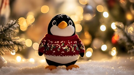 Penguin plush wearing festive sweater snow and lights reflecting