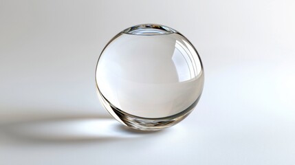 Crystal-clear glass sphere resting on a smooth white background, soft reflections and shadows.