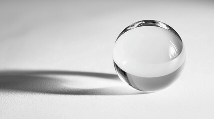 Crystal-clear glass sphere resting on a smooth white background, soft reflections and shadows.