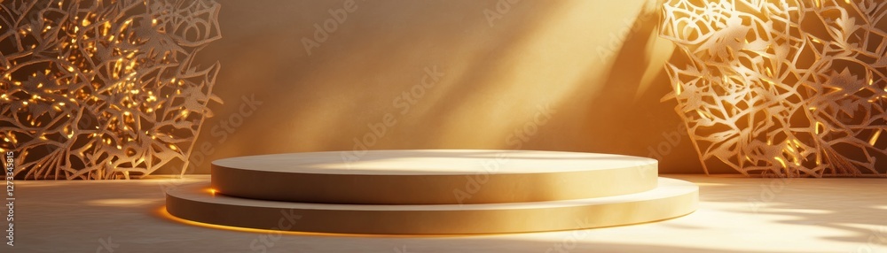 Poster elegant golden two tiered podium with intricate patterned backdrops