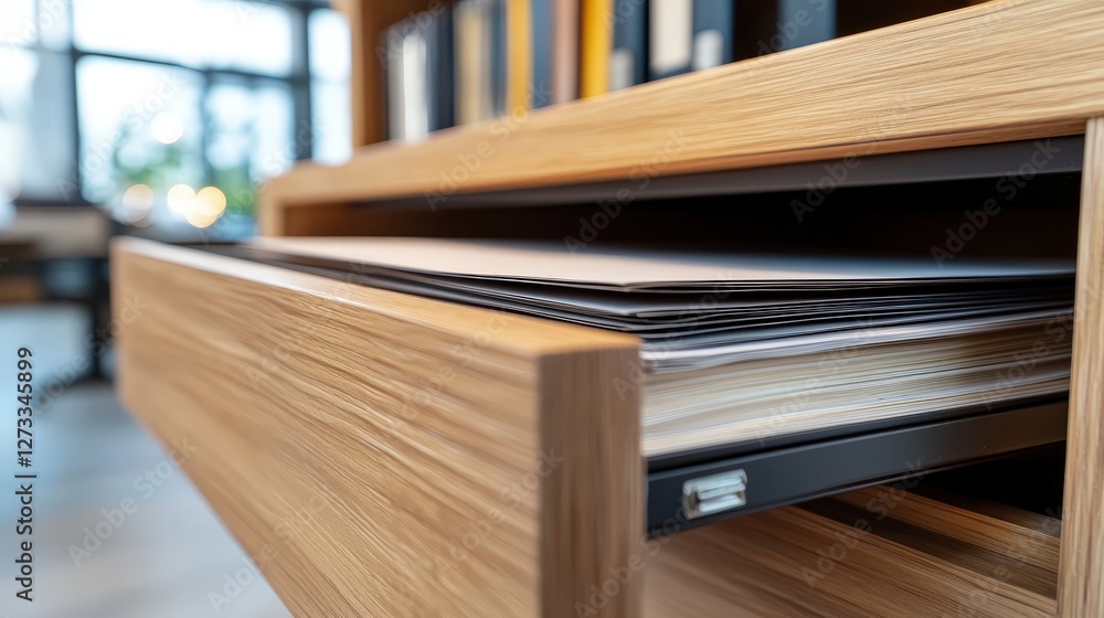 Poster a close-up view of an open wooden drawer showcasing neatly stacked papers, highlighting organization