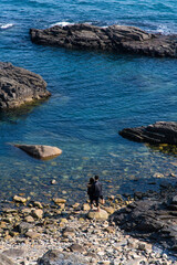 High-angle view of the tourists on the pebble beach