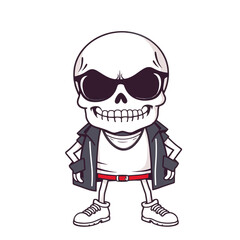 a skull emoji wearing sunglasses, a leather jacket, and white sneakers.