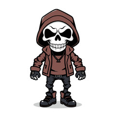 a skull wearing a hoodie, gloves, and boots.