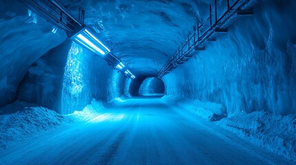Icy tunnel with glowing blue lights.