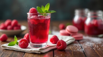 Refreshing raspberry drink served with desserts and fresh fruit on table