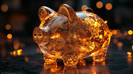 Glowing Glass Piggy Bank, City Night, Savings, Finance