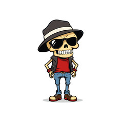 a skull emoji wearing a fedora hat, sunglasses, and a leather jacket.