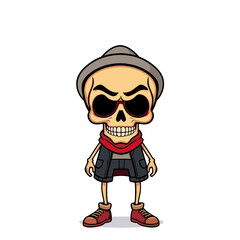 a skull emoji wearing a hat, scarf, and shoes.