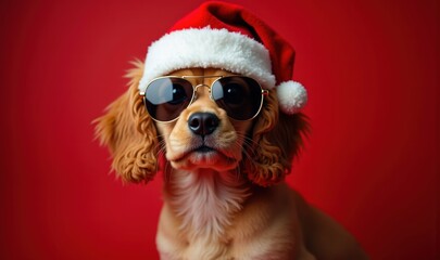 A festive dog wearing sunglasses and a Santa hat, perfect for holiday promotions, greeting cards, or social media posts celebrating the fun of Christmas.