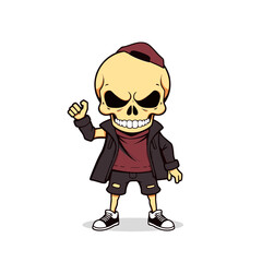a skull emoji wearing a black jacket, red shirt, and black and white sneakers.