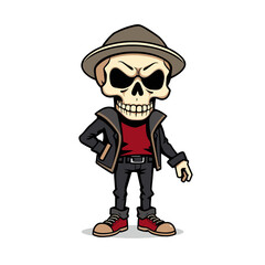 a skull emoji wearing a hat, jacket, and shoes.