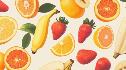 A vibrant fruit pattern featuring a mix of juicy oranges, ripe bananas, and luscious strawberries, arranged on a light pastel background.