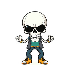 a skull emoji wearing sunglasses, a leather jacket, and orange shoes.