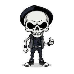 a skull emoji wearing a hat, vest, and shoes, giving a thumbs up gesture.