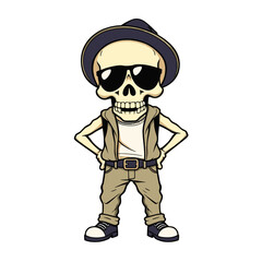  a skull emoji wearing dark clothing, such as black jackets, pants, and shoes, as well as black hats, sunglasses, and belts. 