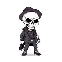 a skull emoji wearing a hat, jacket, and shoes, with a menacing expression on its face.