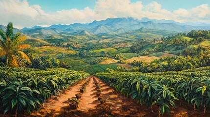 coffee plantation, with rows of coffee trees spaced evenly across the terrain, surrounded by tropical flora and mountains in the distance